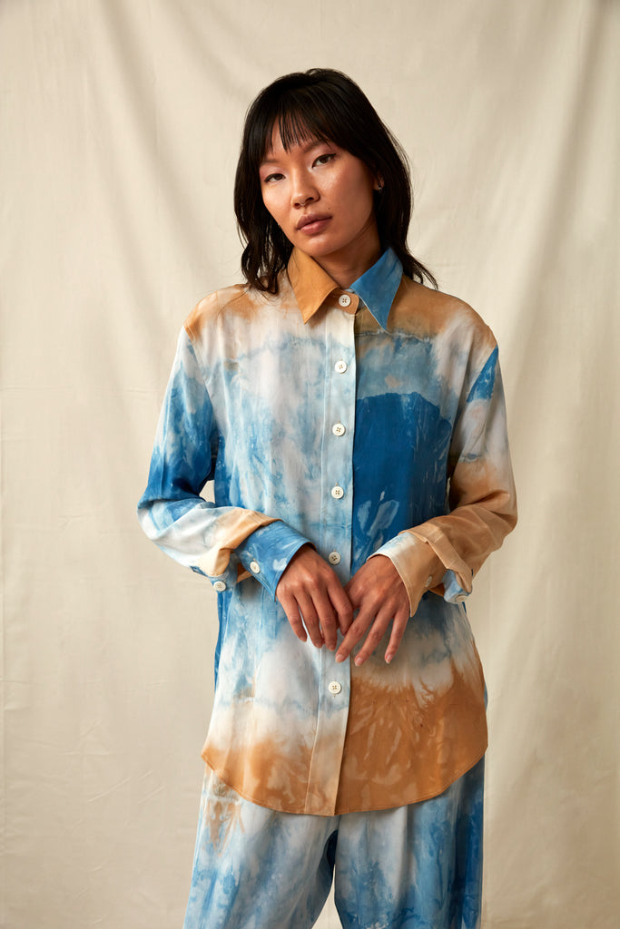 Botanical Silk Blouse - Tree Bark and Indigo
