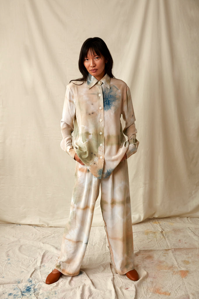 Botanical Silk Pants - Tree Bark, Indigo, and Chorolophyll