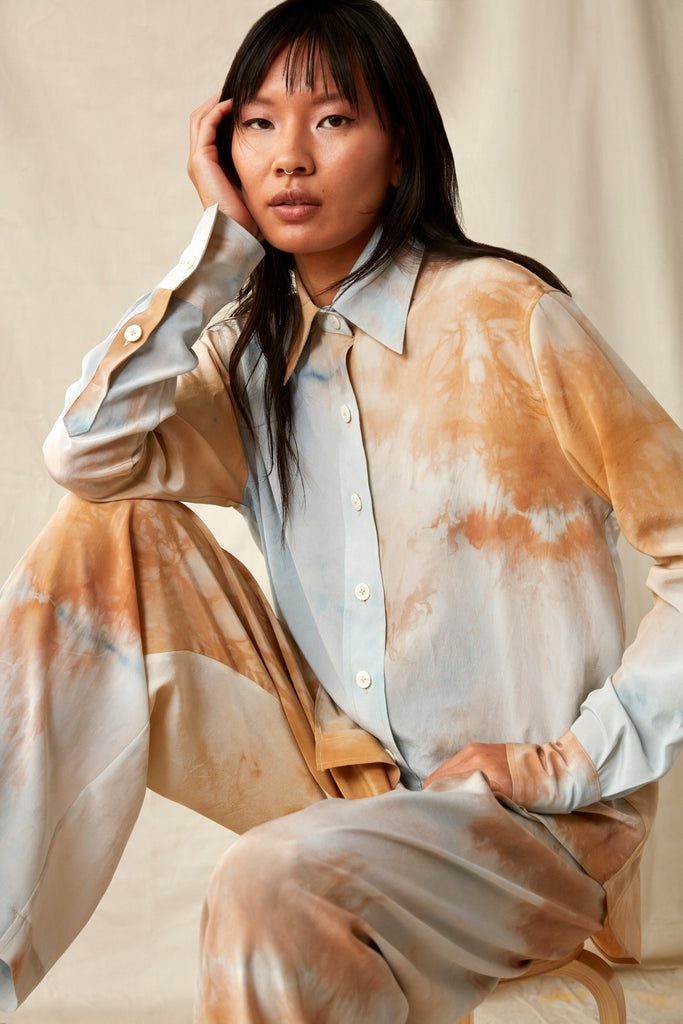 Botanical Silk Blouse - Tree Bark and Indigo