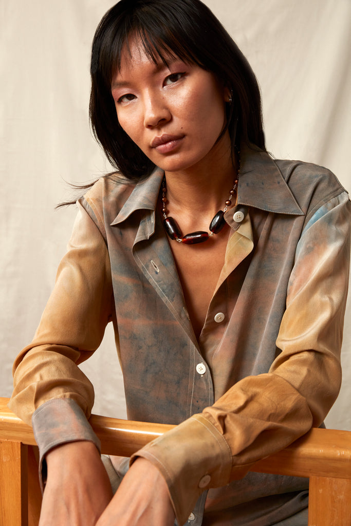 Botanical Silk Blouse - Indigo and Tree Bark